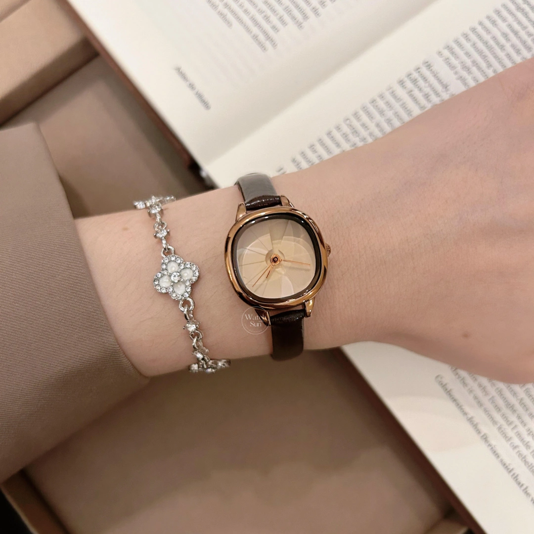 Minimalist Cushion Dial Watch Rose Gold Case Light/Deep Brown Leather Strap Women's Watch