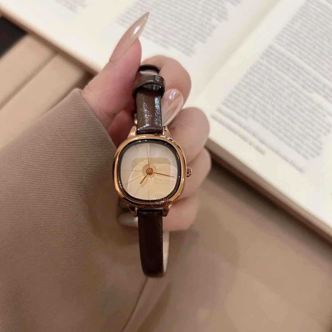 Minimalist Cushion Dial Watch Rose Gold Case Light/Deep Brown Leather Strap Women's Watch