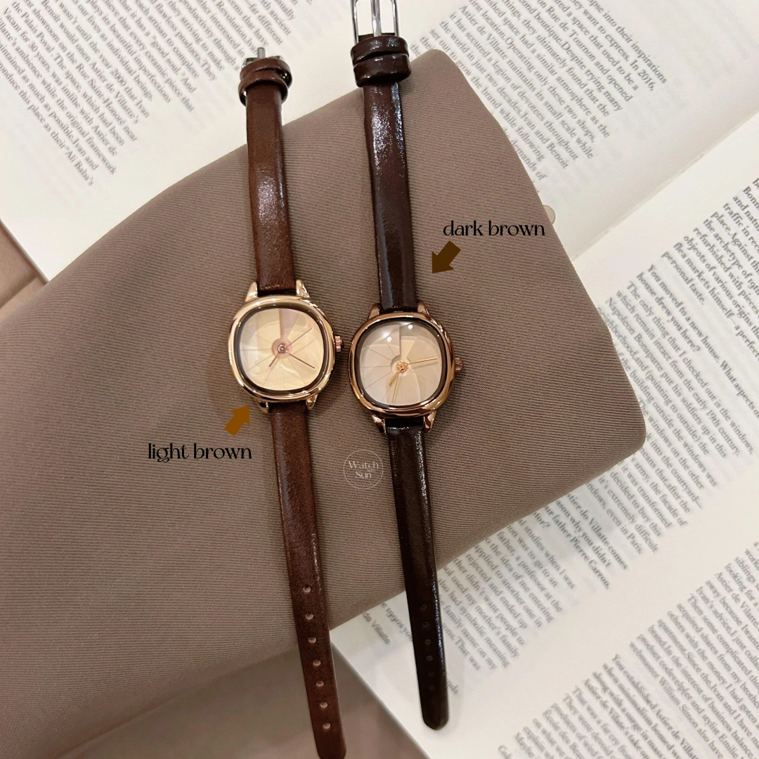 Minimalist Cushion Dial Watch Rose Gold Case Light/Dark Brown Leather Strap Women's Watch