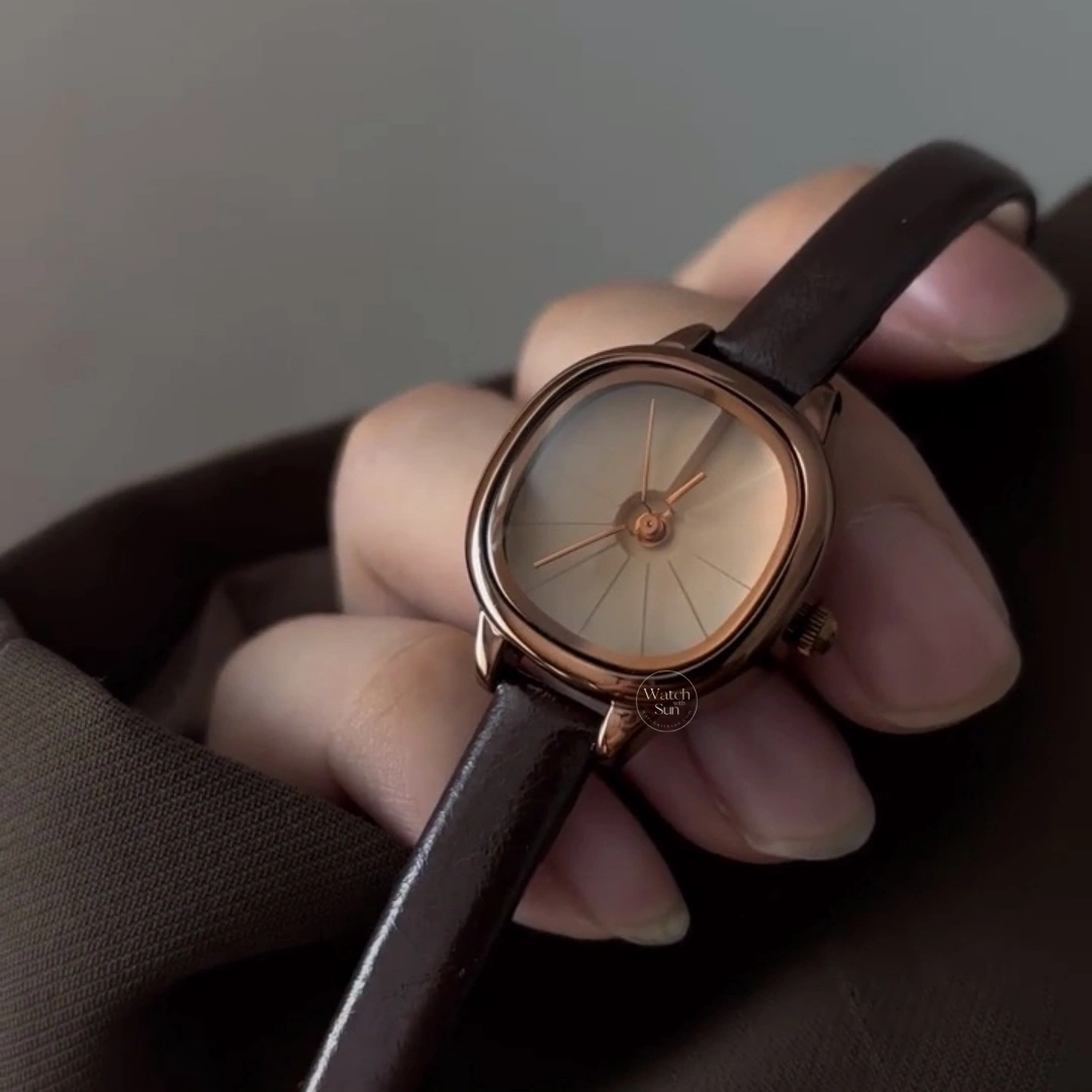 Minimalist Cushion Dial Watch Rose Gold Case Light/Deep Brown Leather Strap Women's Watch