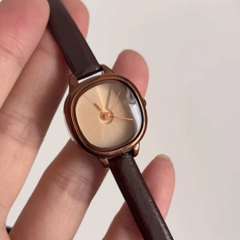 Minimalist Cushion Dial Watch Rose Gold Case Light/Deep Brown Leather Strap Women's Watch