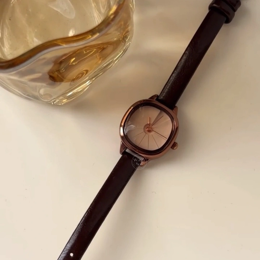 Minimalist Cushion Dial Watch Rose Gold Case Light/Deep Brown Leather Strap Women's Watch