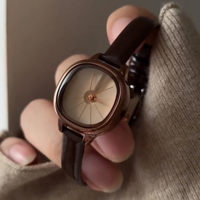 women's watches797-8 Minimalist Cushion Dial Watch Rose Gold Case Light/Deep Brown Leather Strap Women's Watch