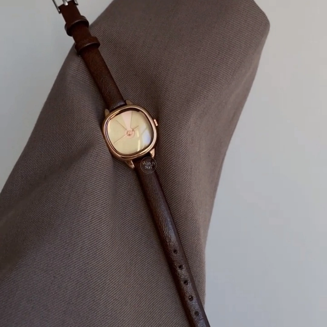 Minimalist Cushion Dial Watch Rose Gold Case Light/Deep Brown Leather Strap Women's Watch