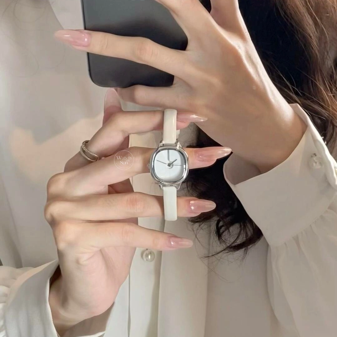 Minimalist Square Face Women's Watch Silver Case White Leather Strap Watch