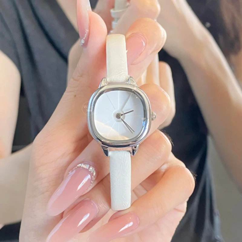 Minimalist Square Face Women's Watch Silver Case White Leather Strap Watch