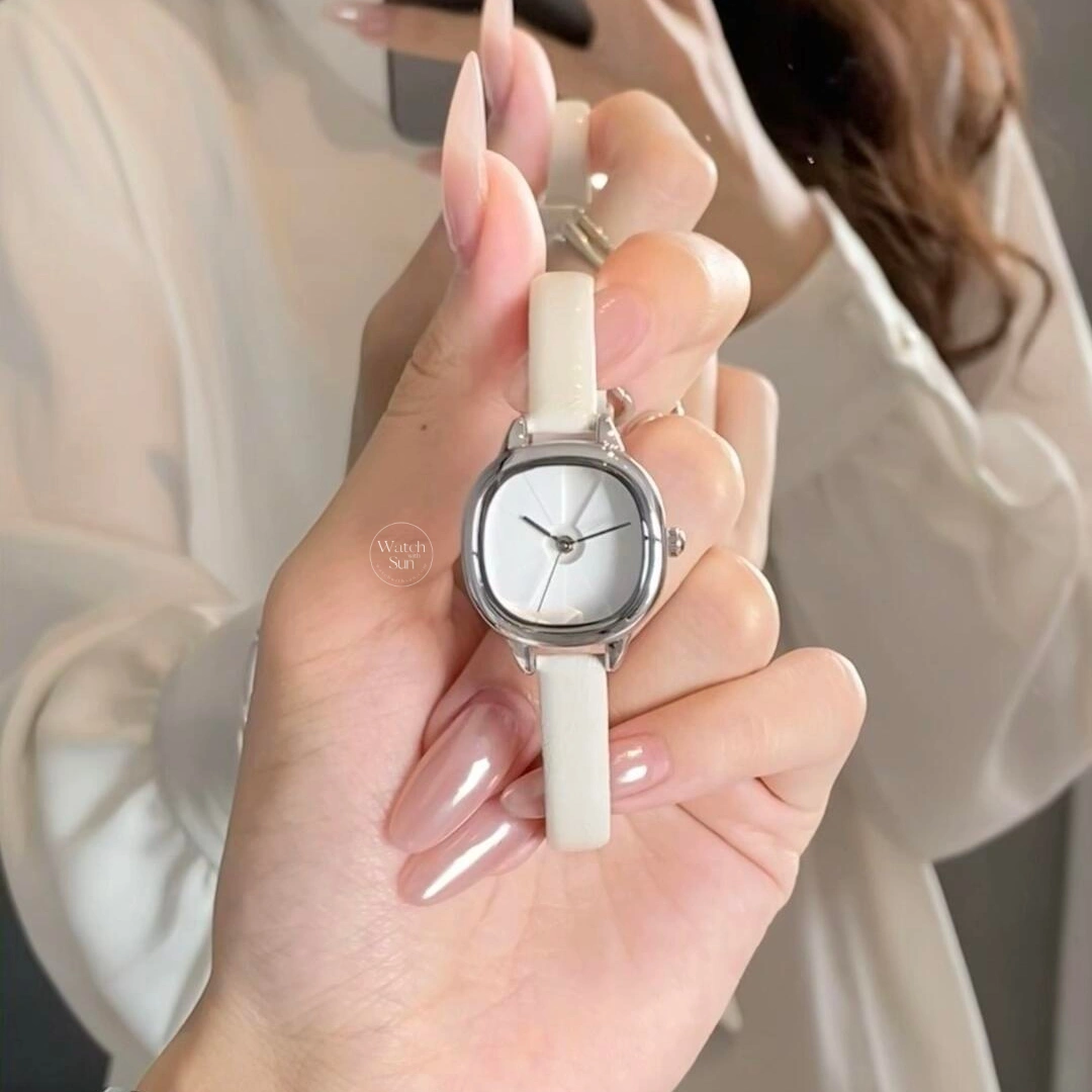 Minimalist Square Face Women's Watch Silver Case White Leather Strap Watch