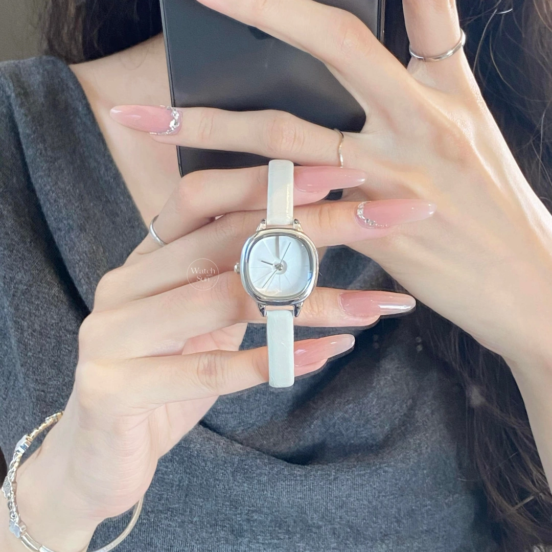Minimalist Square Face Women's Watch Silver Case White Leather Strap Watch