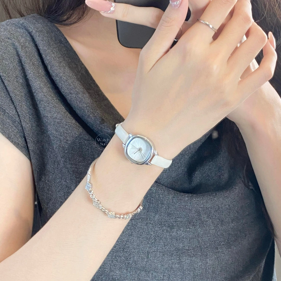 Minimalist Square Face Women's Watch Silver Case White Leather Strap Watch