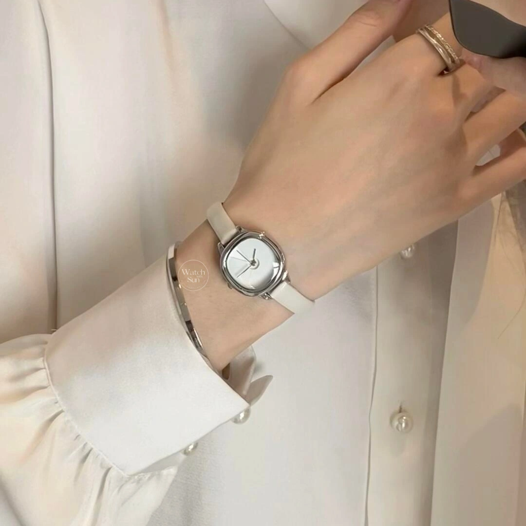 Minimalist Square Face Women's Watch Silver Case White Leather Strap Watch
