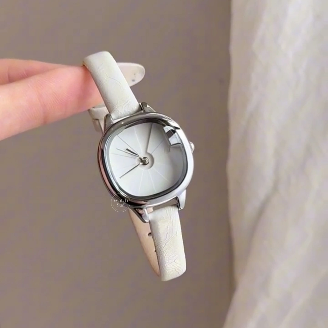 Minimalist Square Face Women's Watch Silver Case White Leather Strap Watch
