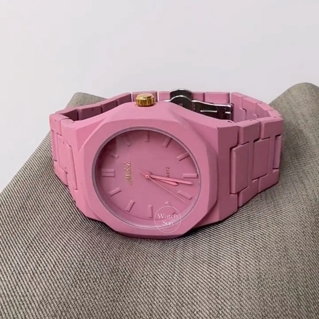 Minimalist Matte Pink Octagon Women's Watch Link Bracelet Watch