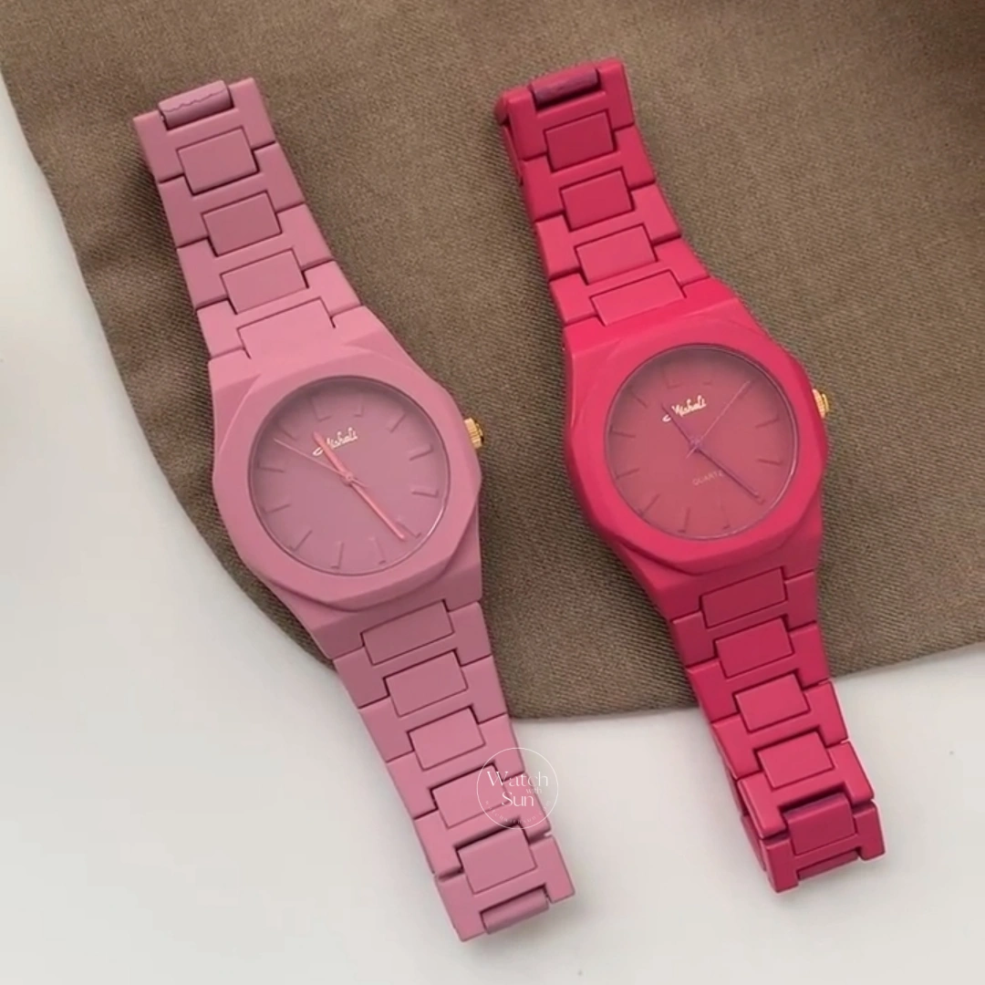 Minimalist Matte Pink Octagon Women's Watch Link Bracelet Watch
