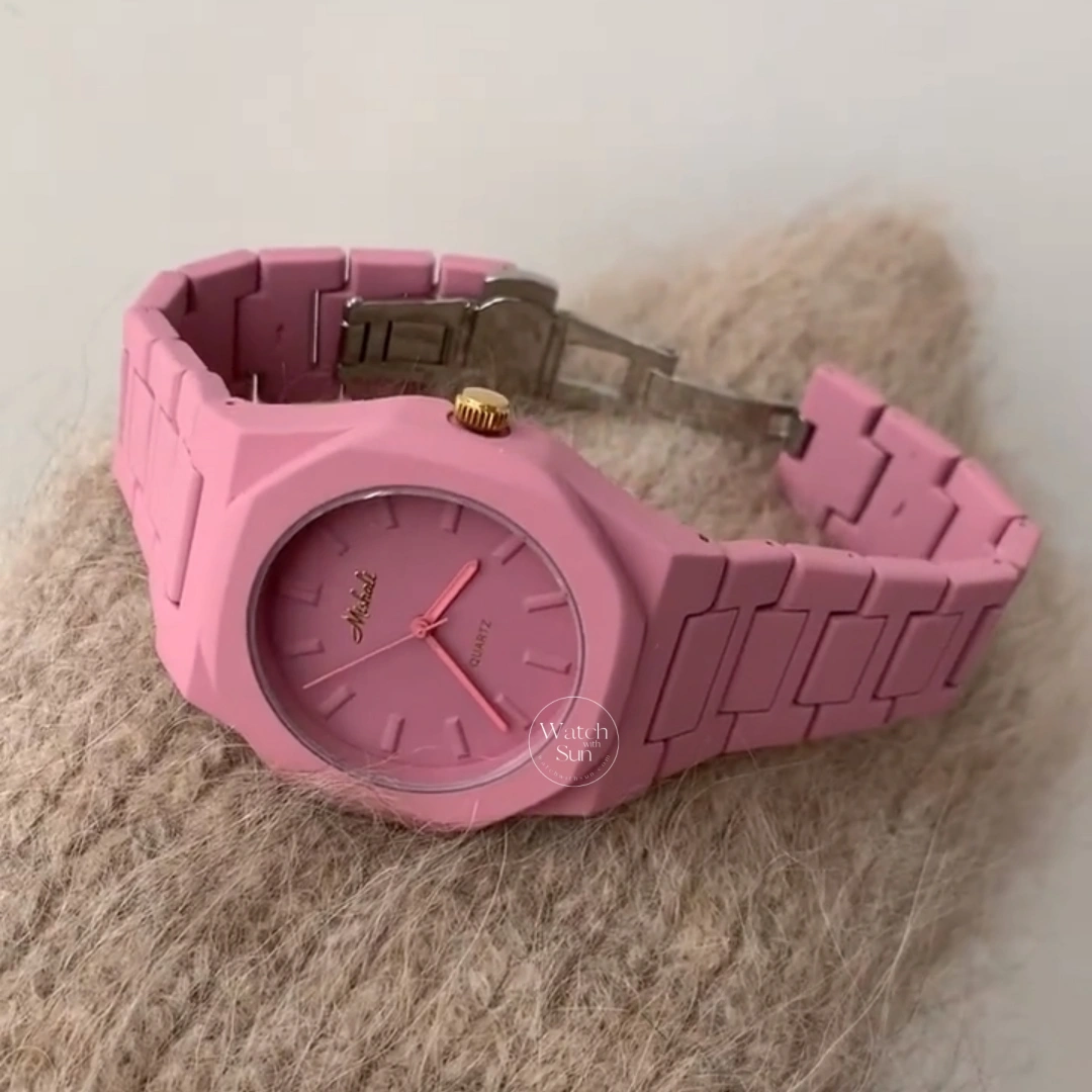 Minimalist Matte Pink Octagon Women's Watch Link Bracelet Watch