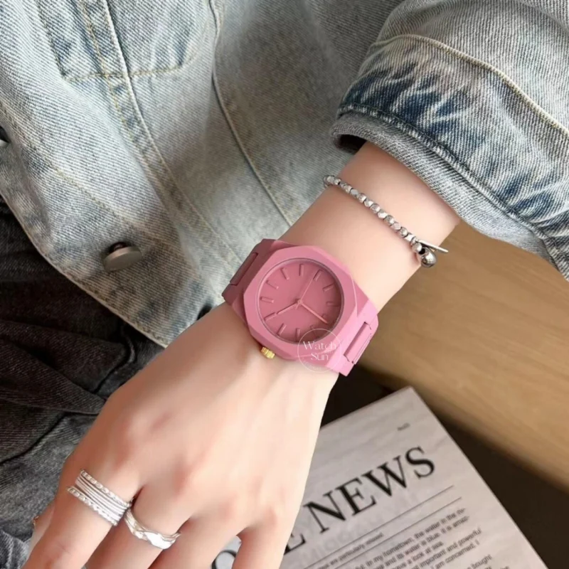 Minimalist Matte Octagon Women's Watch Pink Link Bracelet Watch