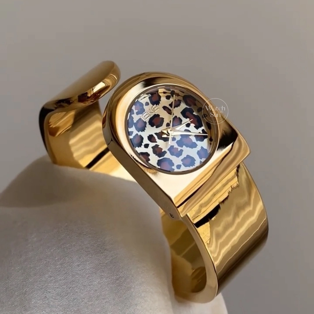 Gold Leopard Print Dial Women's Bangle Watch Vintage Style Watch