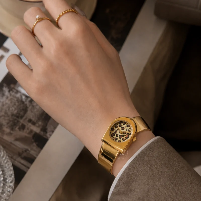 Gold Leopard Print Dial Women's Bangle Watch Vintage Style Watch
