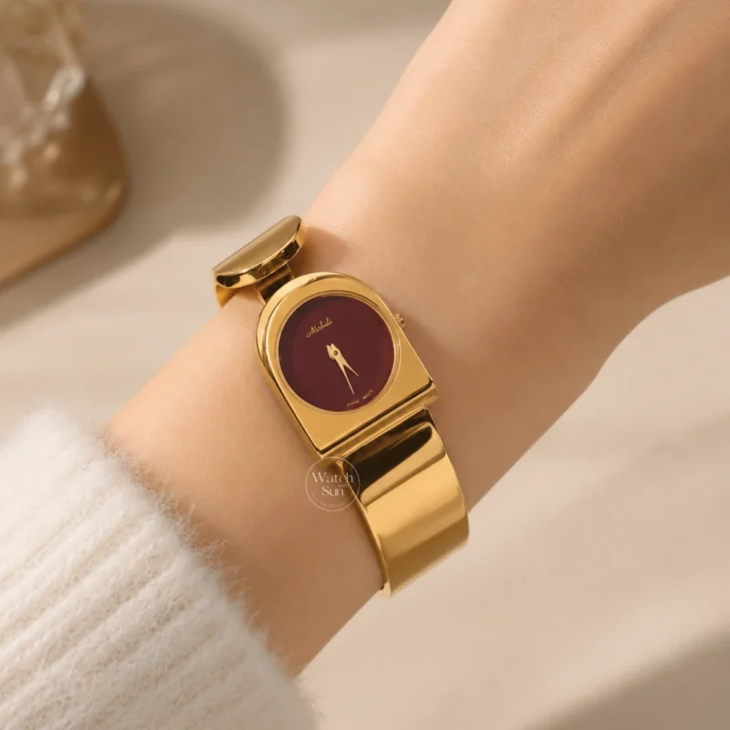 Minimalist Gold Red Dial Women's Bangle Watch