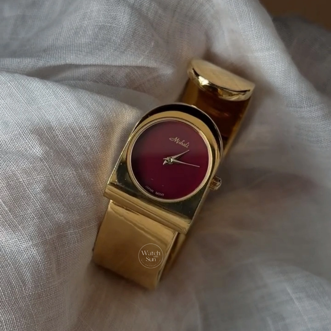 Minimalist Gold Red Dial Women's Bangle Watch