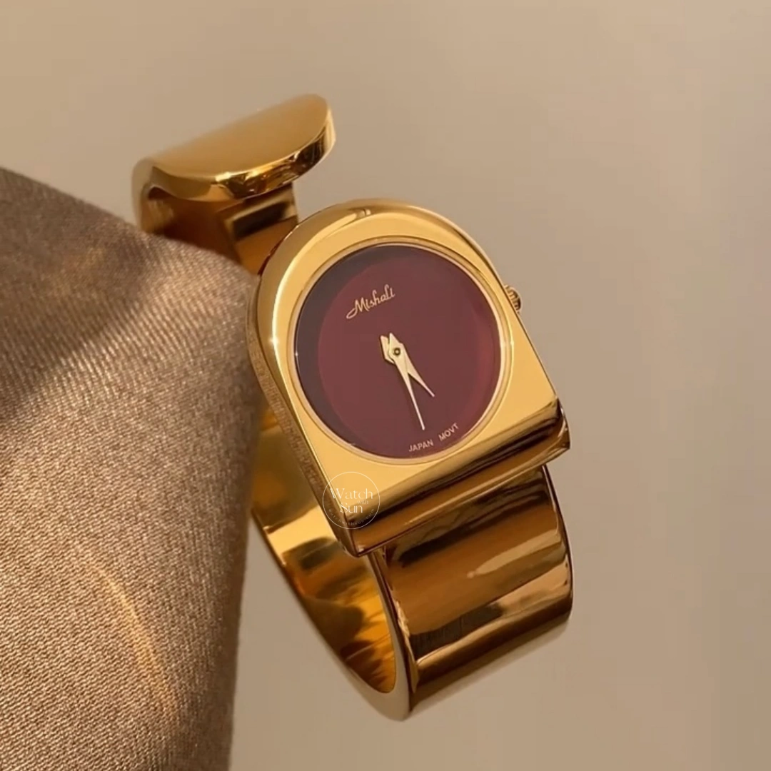 Minimalist Gold Red Dial Women's Bangle Watch