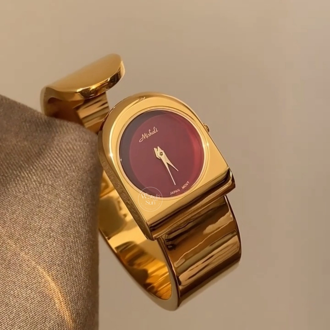 Minimalist Gold Red Dial Women's Bangle Watch