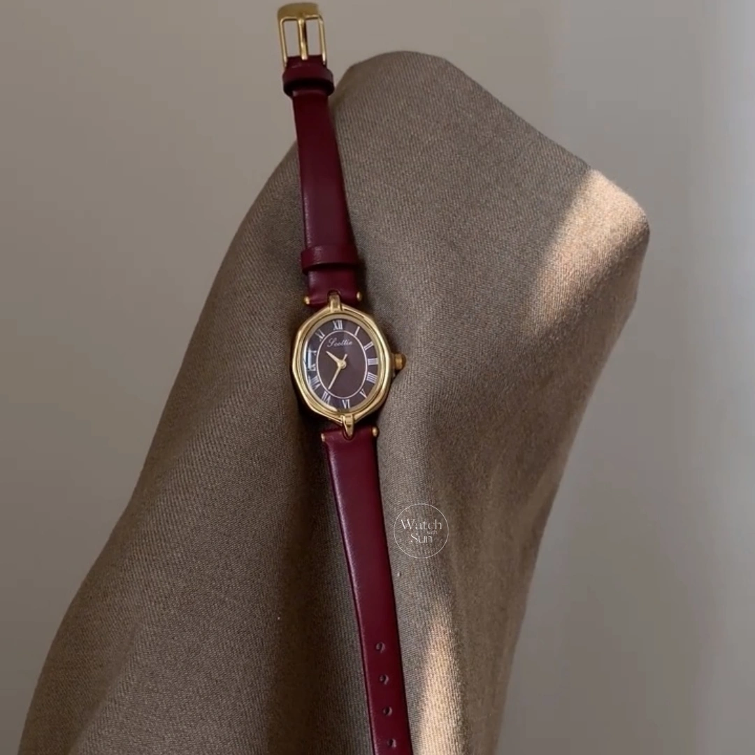 Vintage-Inspired Gold Oval Leather Strap Women's Watch