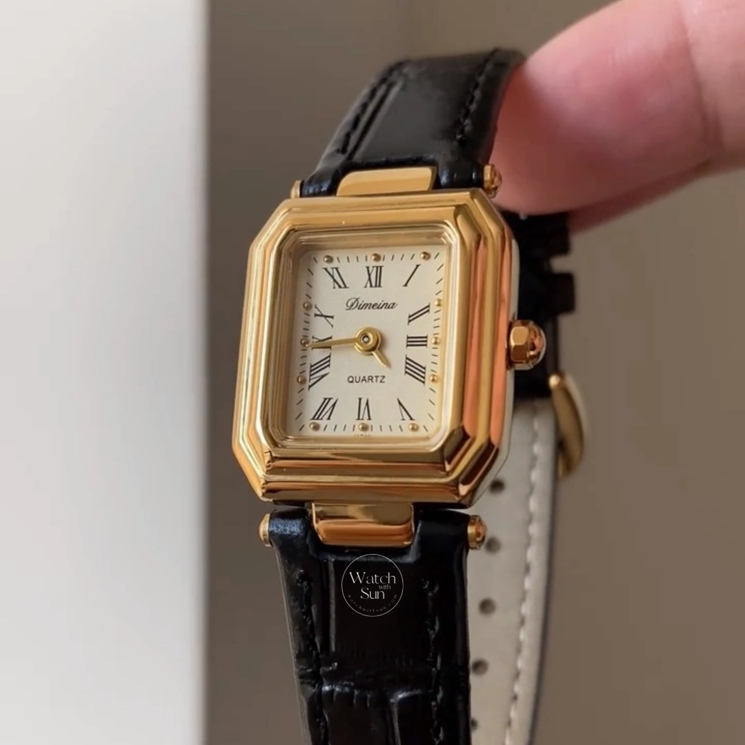 Retro Gold Black Leather Strap Square Women's Watch