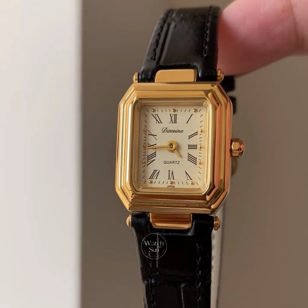 Retro Gold Black Leather Strap Square Women's Watch