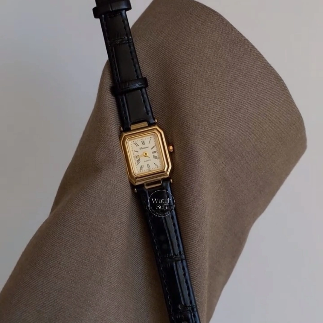 Retro Gold Black Leather Strap Square Women's Watch