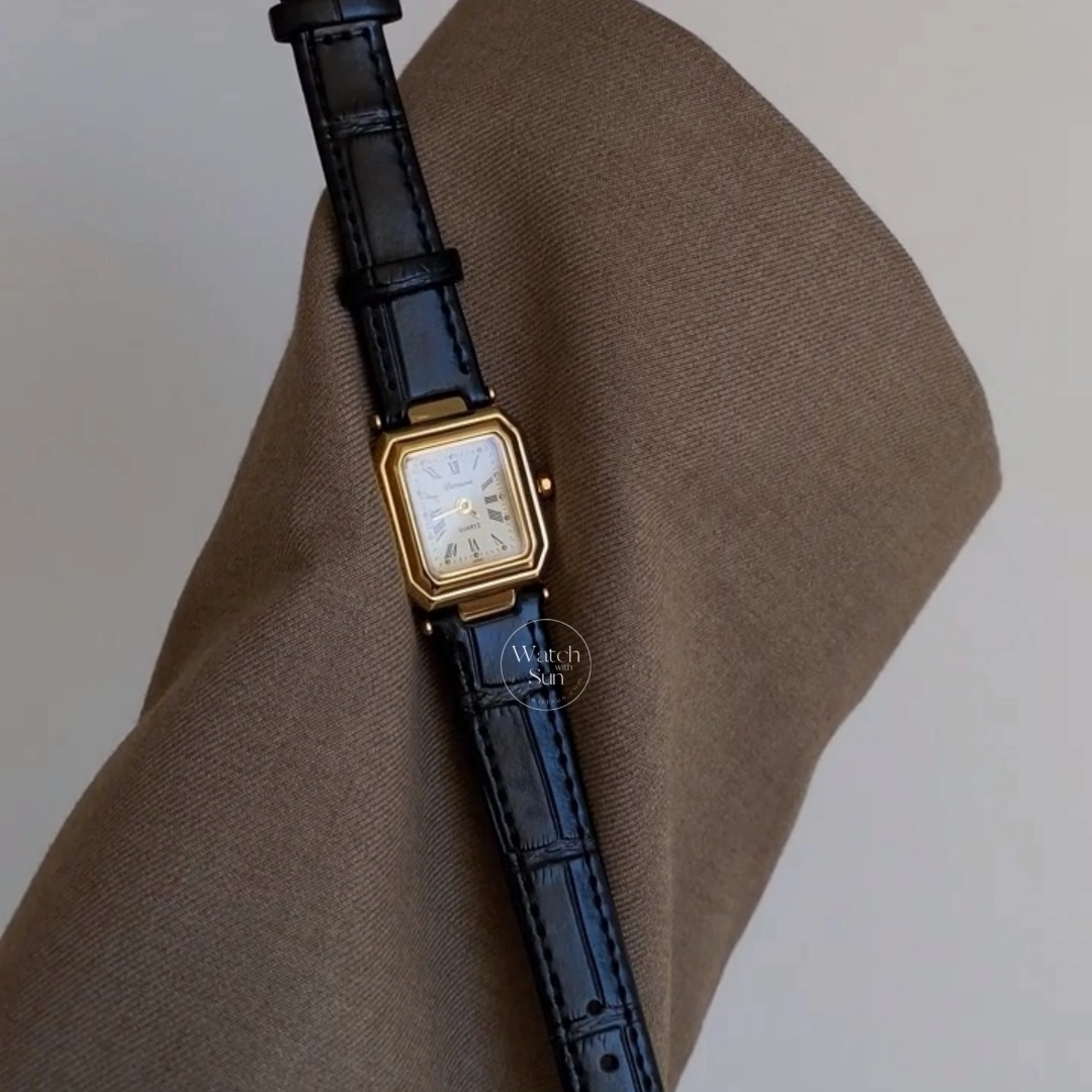 Retro Gold Black Leather Strap Square Women's Watch