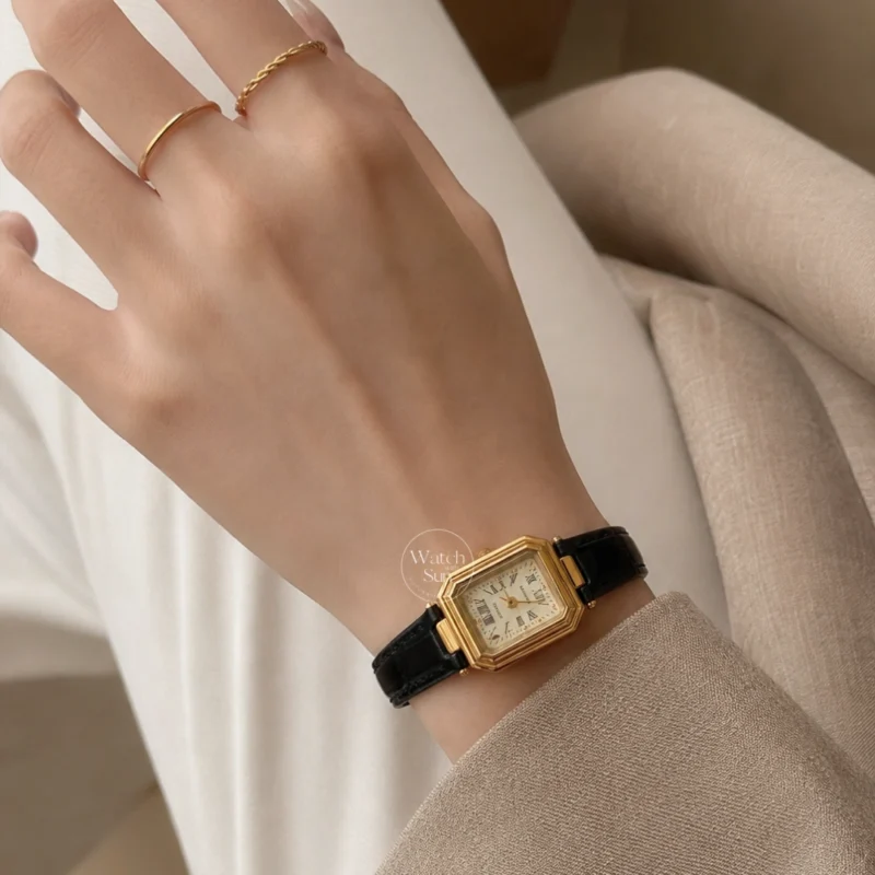 Retro Gold Black Leather Strap Square Women's Watch