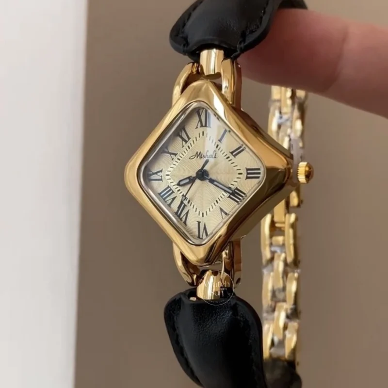 women's watches808-1 Dainty Gold Black Diamond Shape Roman Numeral Dial Leather Strap Women's Watch