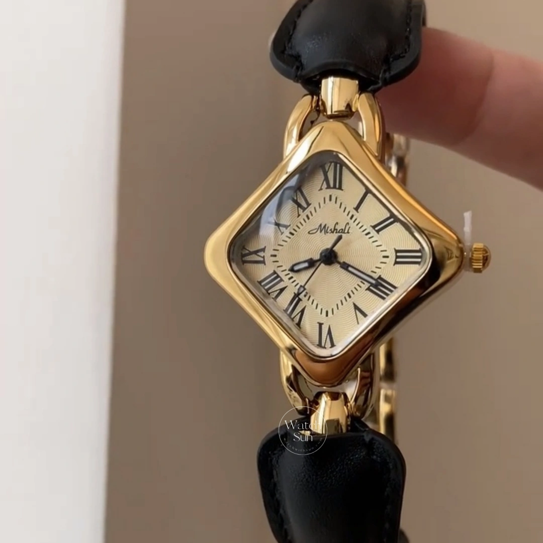 Dainty Gold Black Diamond Shape Roman Numeral Dial Leather Strap Women's Watch