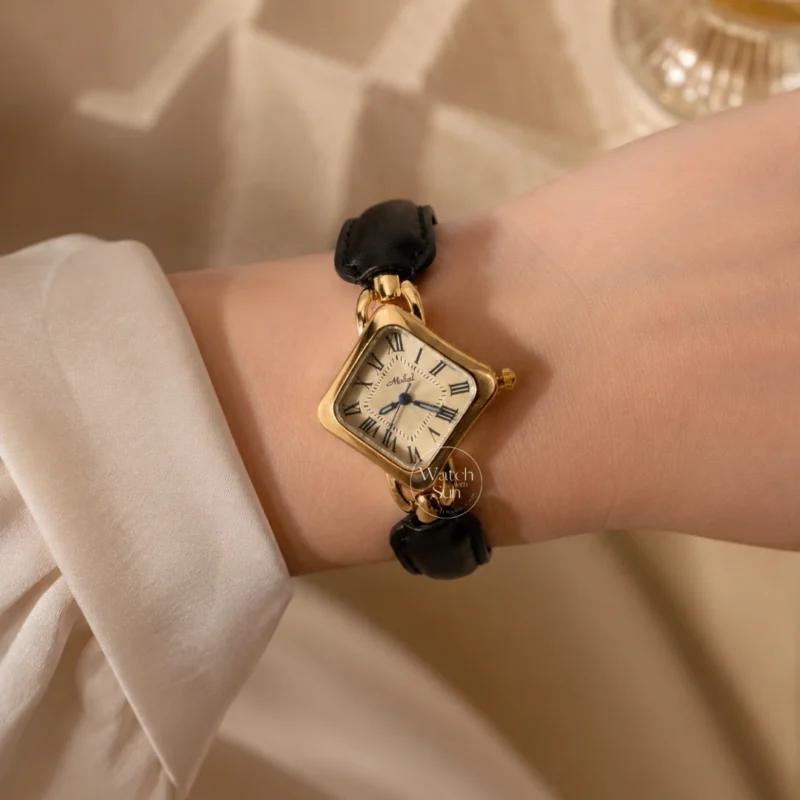Dainty Gold Black Diamond Shape Roman Numeral Dial Leather Strap Women's Watch