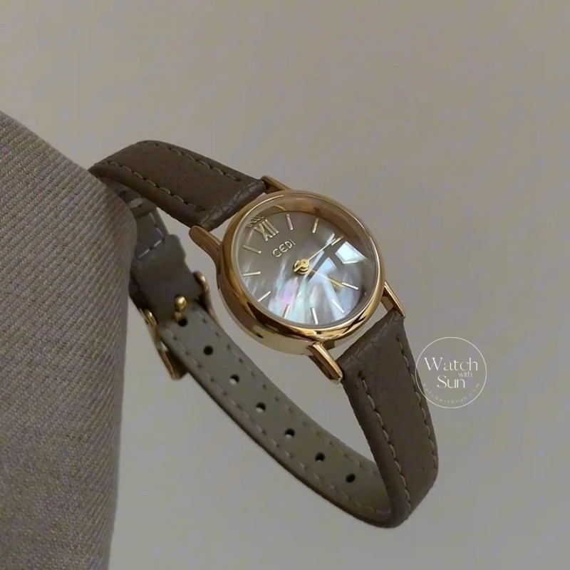Retro Gold Round Mother-of-Pearl Dial Slim Leather Strap Women's Watch