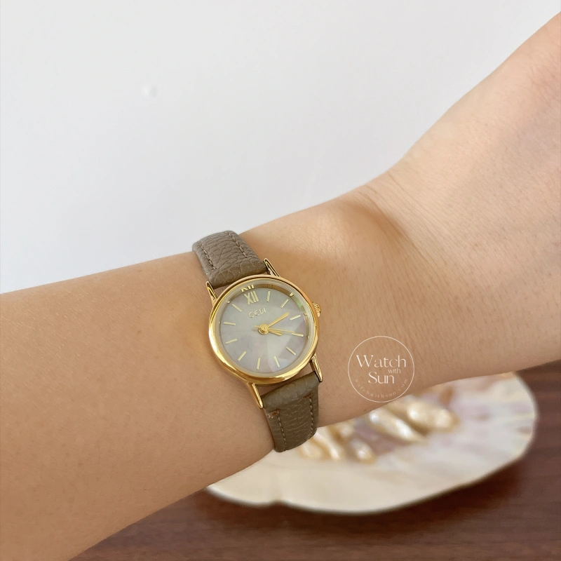 Retro Gold Round Mother-of-Pearl Dial Slim Leather Strap Women's Watch
