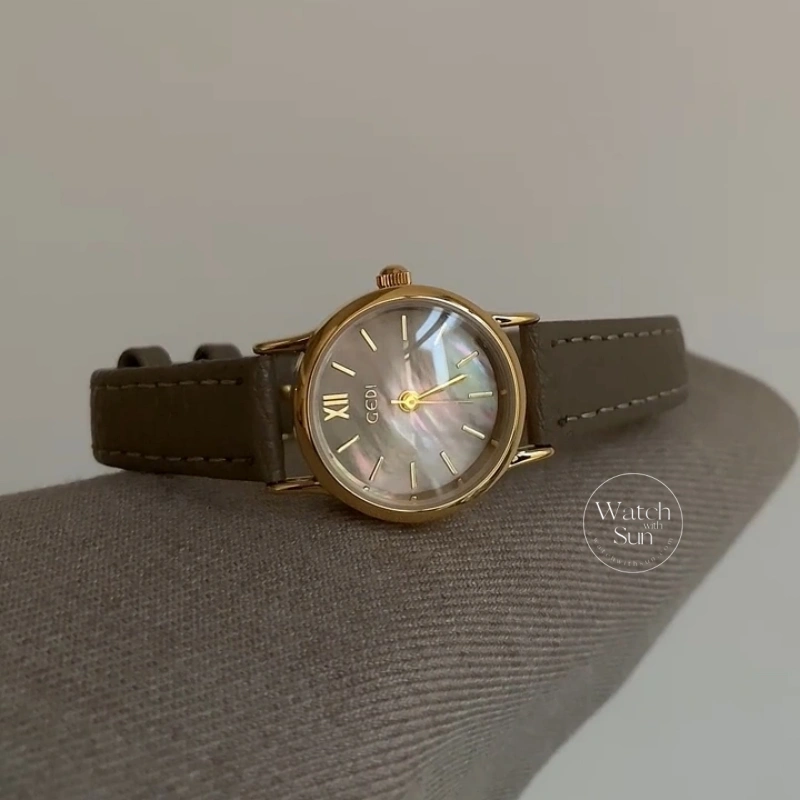 Retro Gold Round Mother-of-Pearl Dial Slim Leather Strap Women's Watch