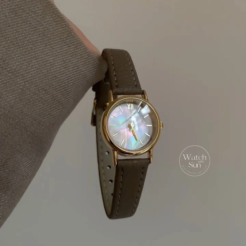 Retro Gold Round Mother-of-Pearl Dial Slim Leather Strap Women's Watch
