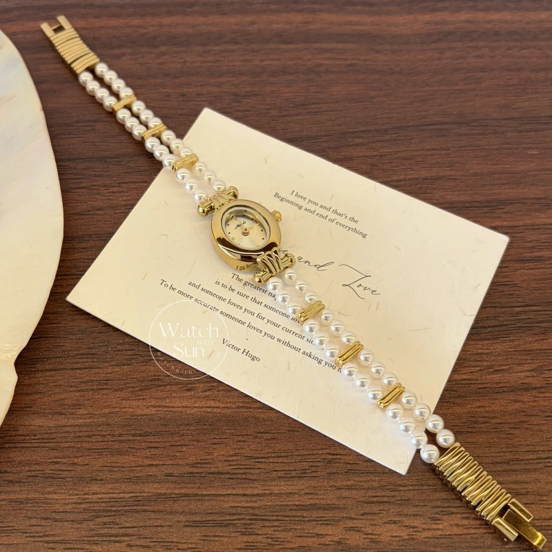 Dainty Gold Small Oval Face Pearl Bracelet Women's Watch
