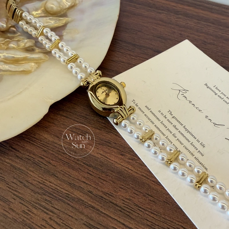 Dainty Gold Small Oval Face Pearl Bracelet Women's Watch