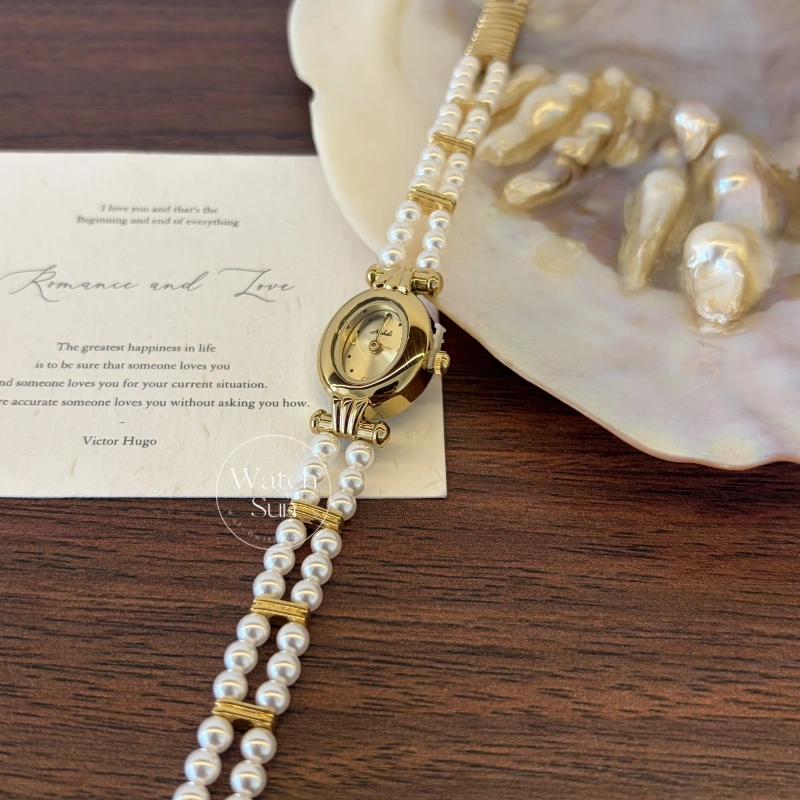 WWS 813-3 Dainty Gold Small Oval Face Pearl Bracelet Women's Watch