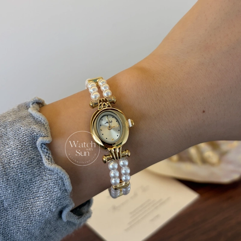 Dainty Gold Small Oval Face Pearl Bracelet Women's Watch