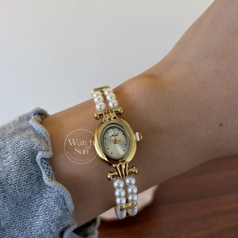 Dainty Gold Small Oval Face Pearl Bracelet Women's Watch