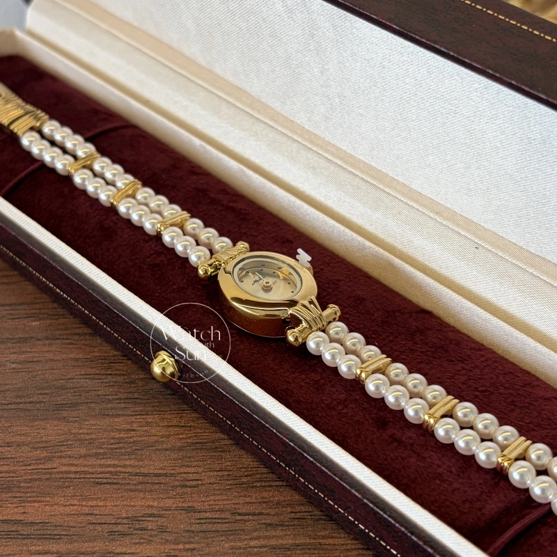 Dainty Gold Small Oval Face Pearl Bracelet Women's Watch