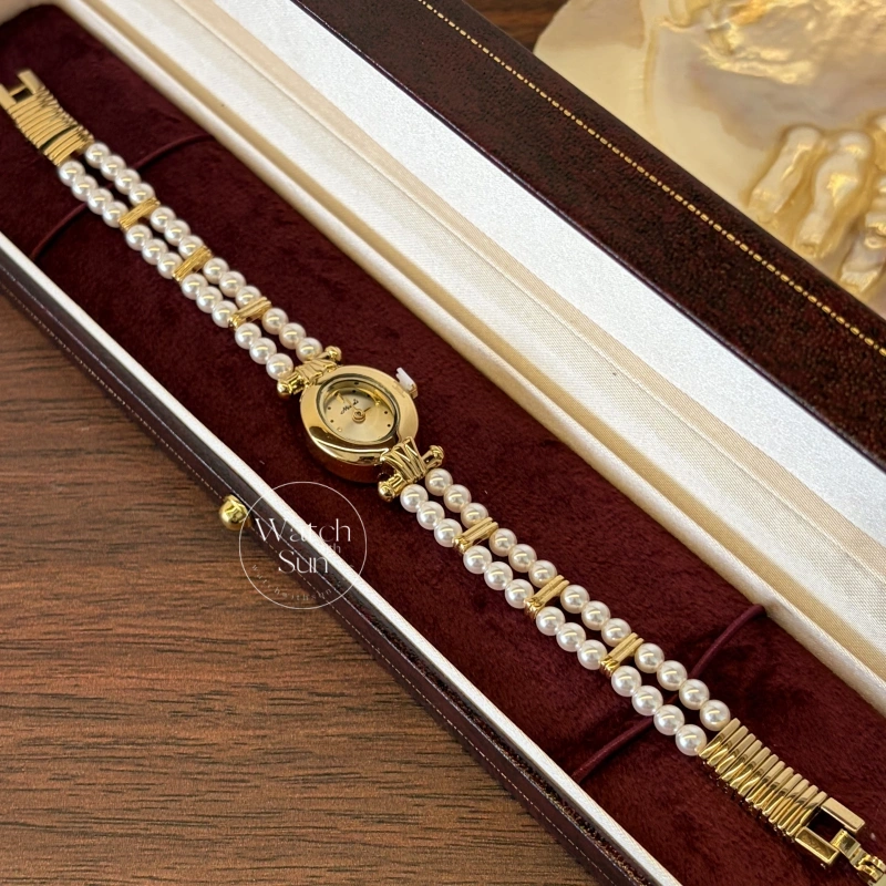 Dainty Gold Small Oval Face Pearl Bracelet Women's Watch