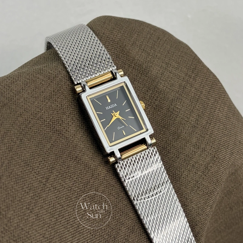Classic Rectangle Black Dial Two Tone Women's Watch
