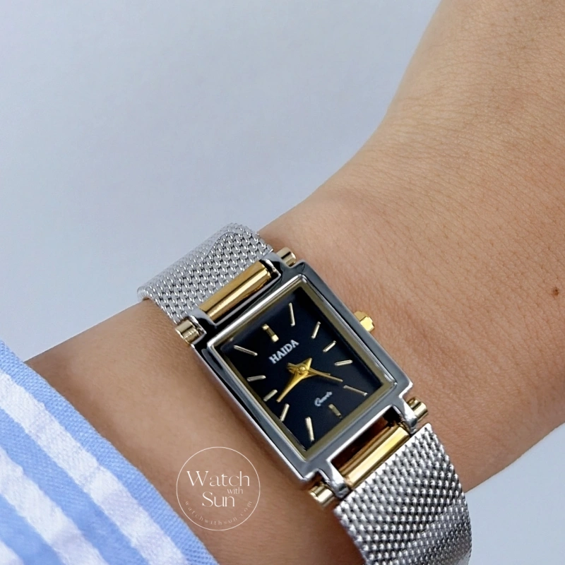 Classic Rectangle Black Dial Two Tone Women's Watch