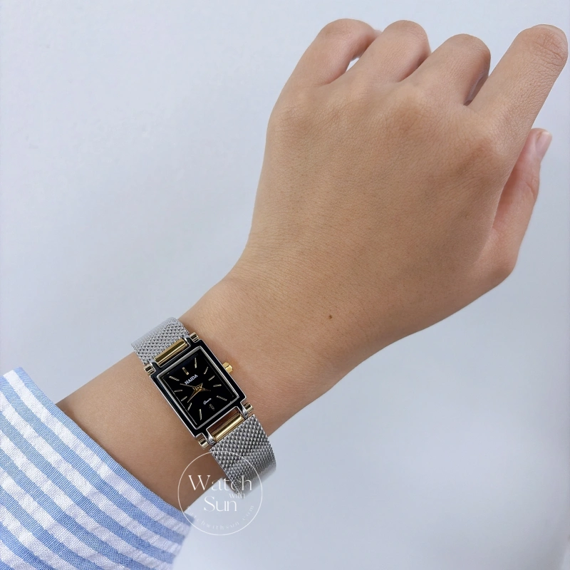 Classic Rectangle Black Dial Two Tone Women's Watch