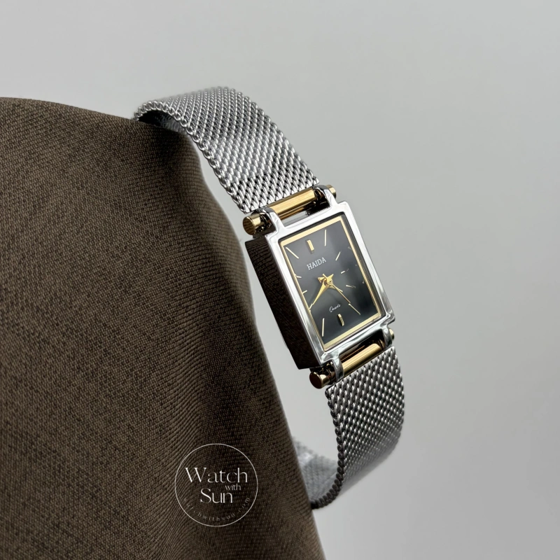 Classic Rectangle Black Dial Two Tone Women's Watch