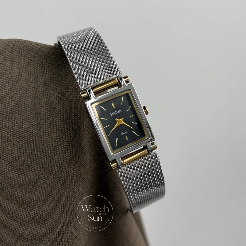Classic Rectangle Black Dial Two Tone Women's Watch